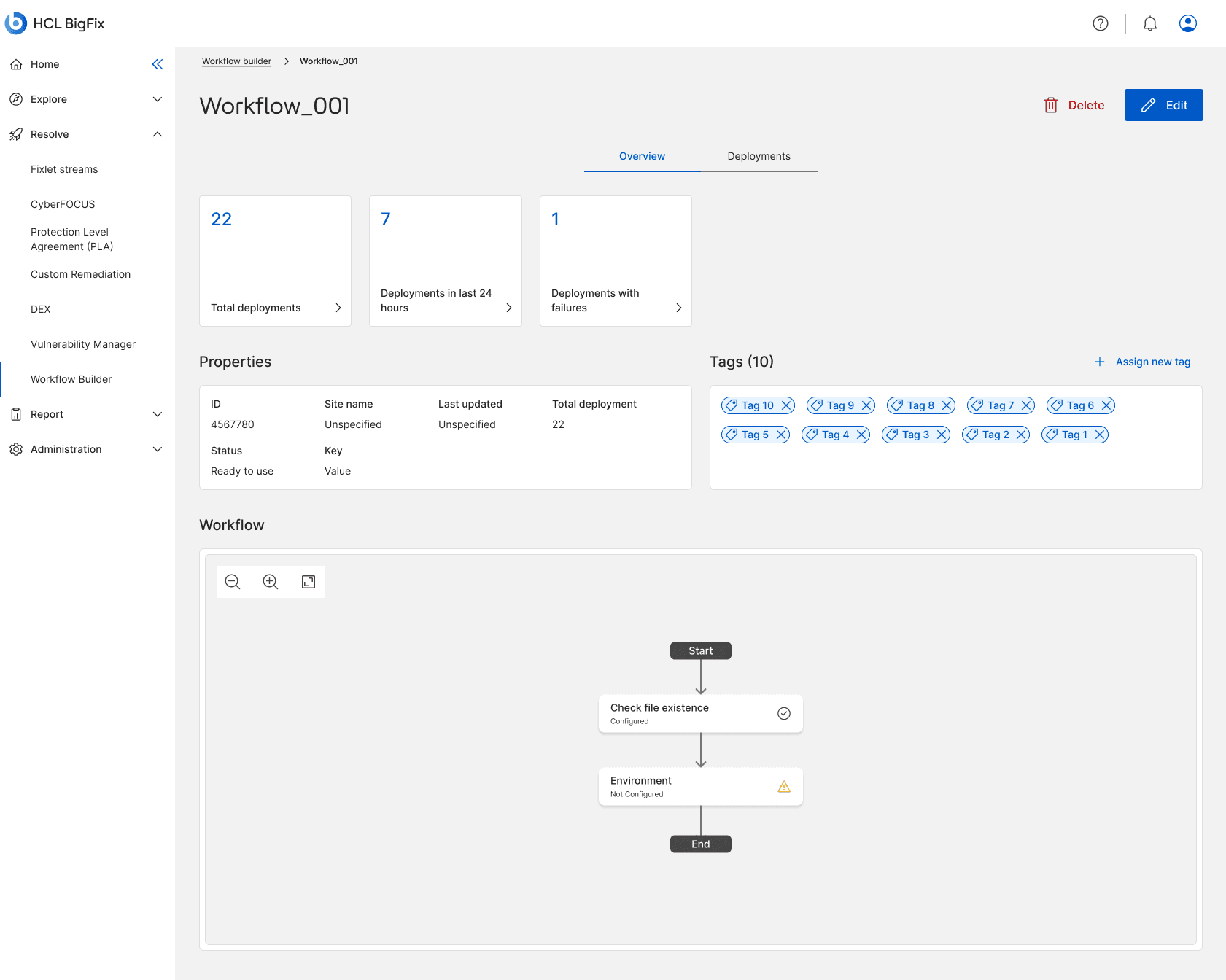 The read-only workflow details page with deployment stat cards, properties, ten tags, and the workflow rendered on a canvas without the dotted editing background.