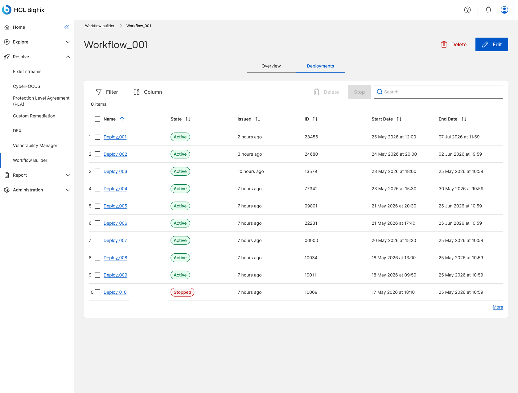 The Deployments tab of a workflow, listing ten deployments with state, issued time, ID, and start and end dates.