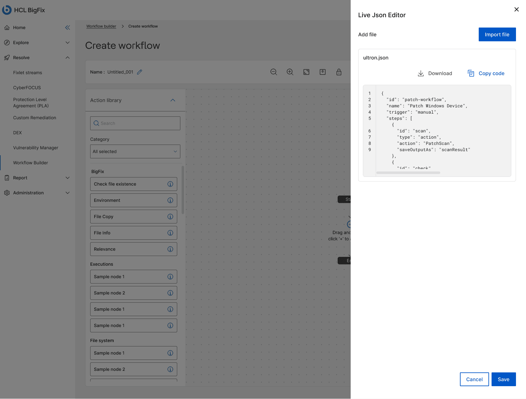 The Live JSON Editor drawer open over the canvas showing an imported ultron.json with download and copy-code actions and the workflow steps as JSON.