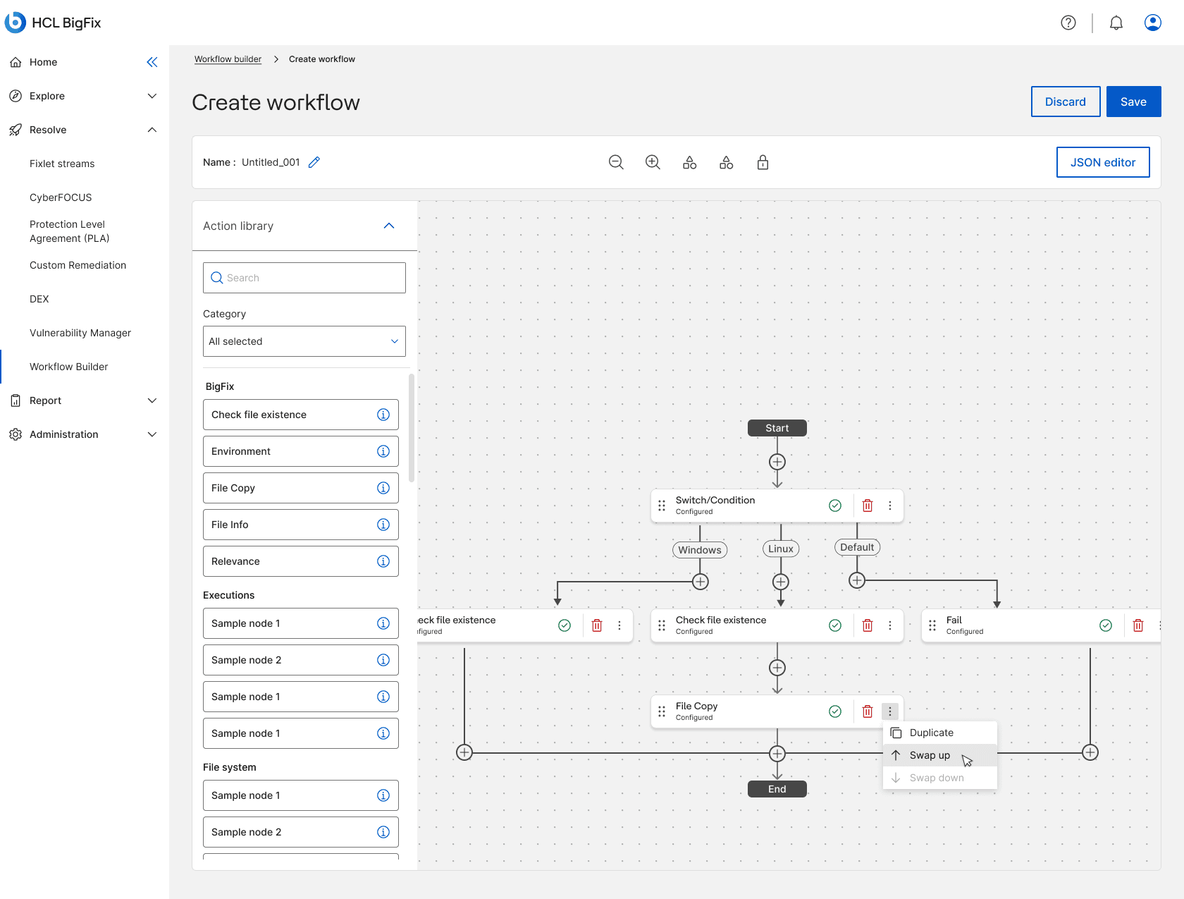 A branching workflow with the File Copy node's kebab menu open, showing Duplicate, Swap up highlighted, and Swap down disabled.