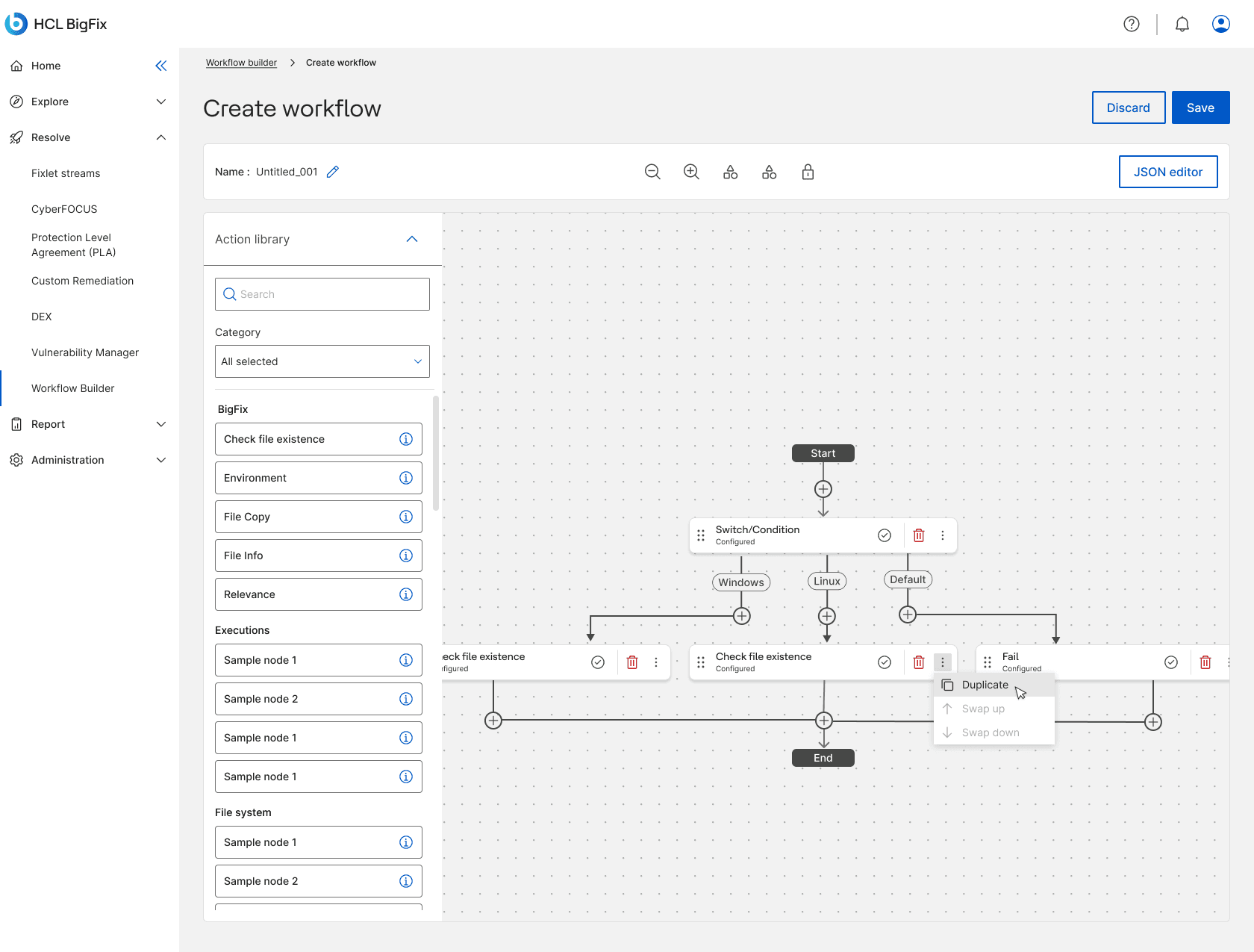 The kebab menu open on the Fail node inside a branching workflow, with Duplicate highlighted and the swap options disabled.