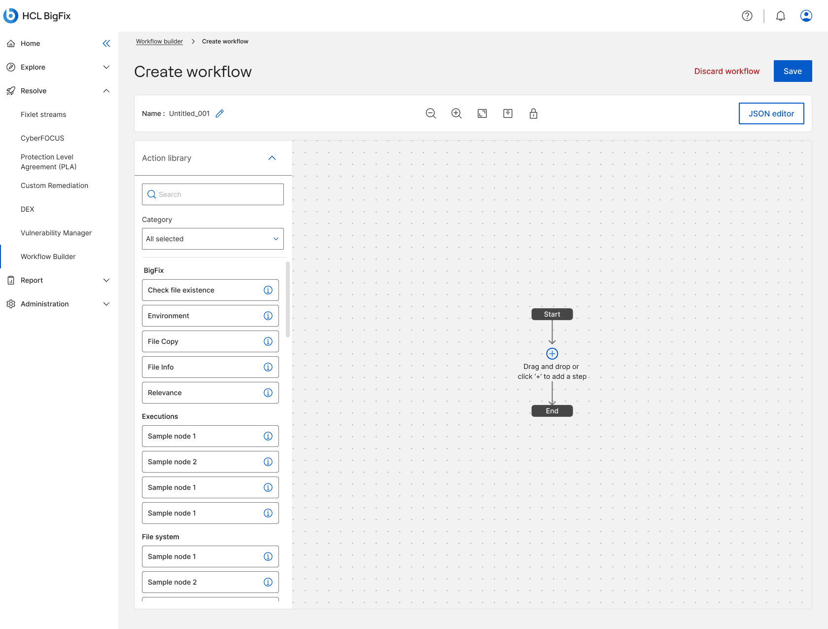 An empty create-workflow canvas with Start and End nodes and a prompt to add the first step between them.