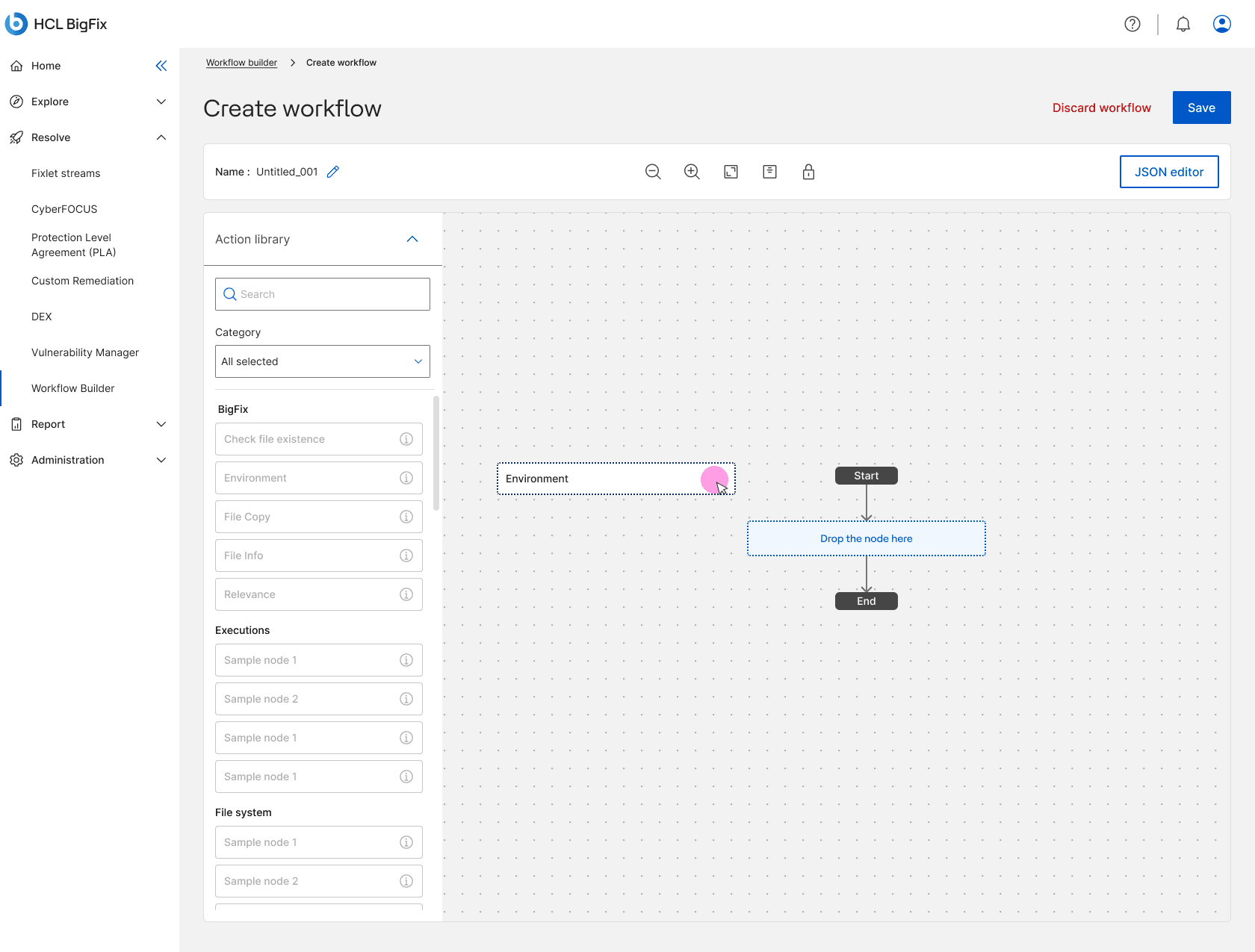 An Environment node being dragged out onto the canvas with a grab cursor, the rest of the action library dimmed, and a highlighted drop slot between Start and End.