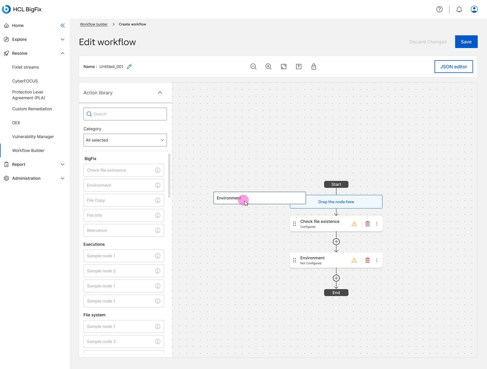 An existing workflow being edited, with an Environment node dragged from the action library toward a plus, and a node-shaped area highlighted reading Drop the node here between Start and Check file existence.