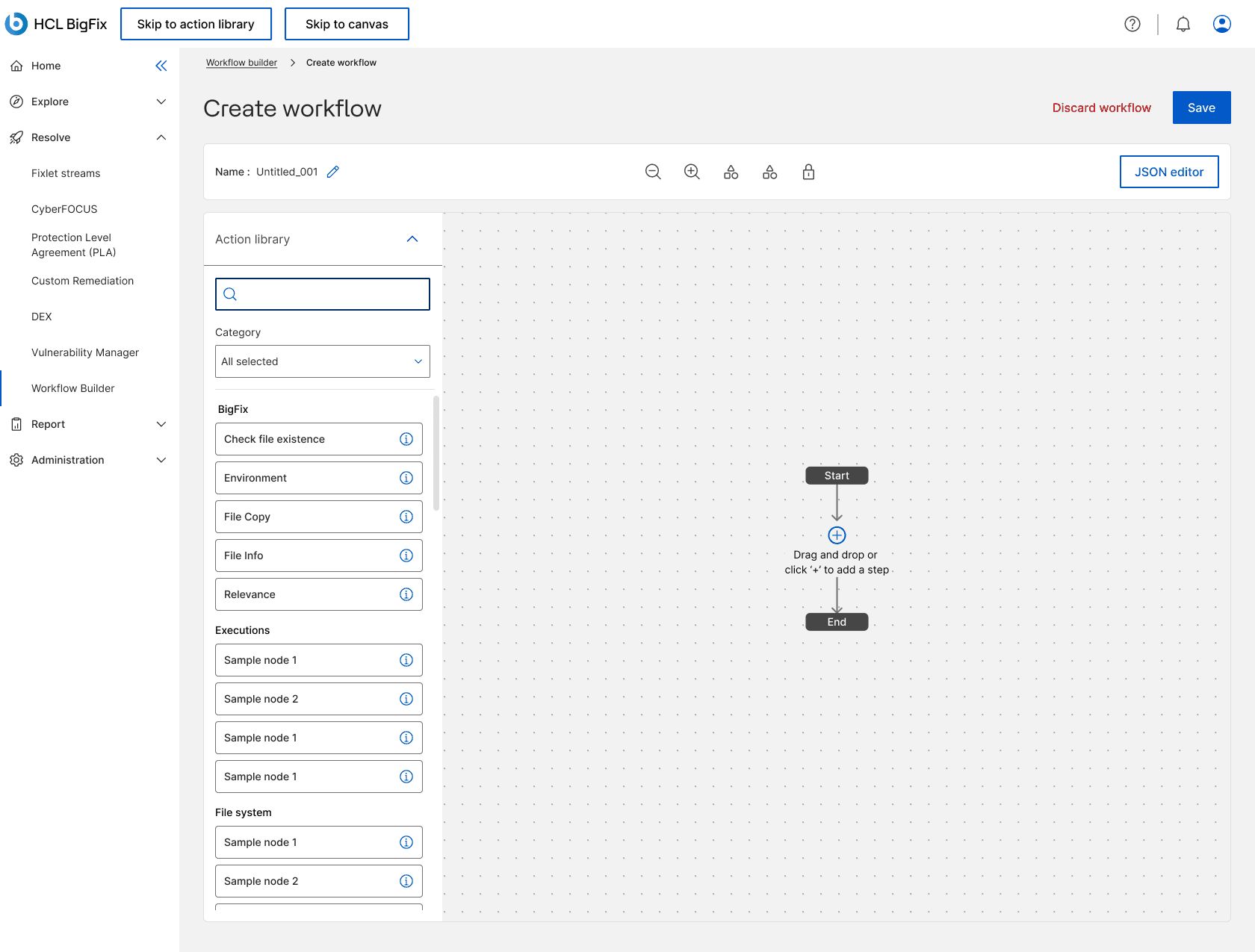 The create-workflow screen with the action library search field focused and an empty slot between Start and End on the canvas.