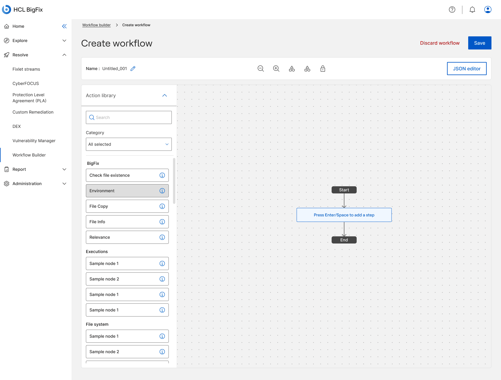 A node selected in the action library, and a placeholder on the canvas reading press Enter or Space to add a step.