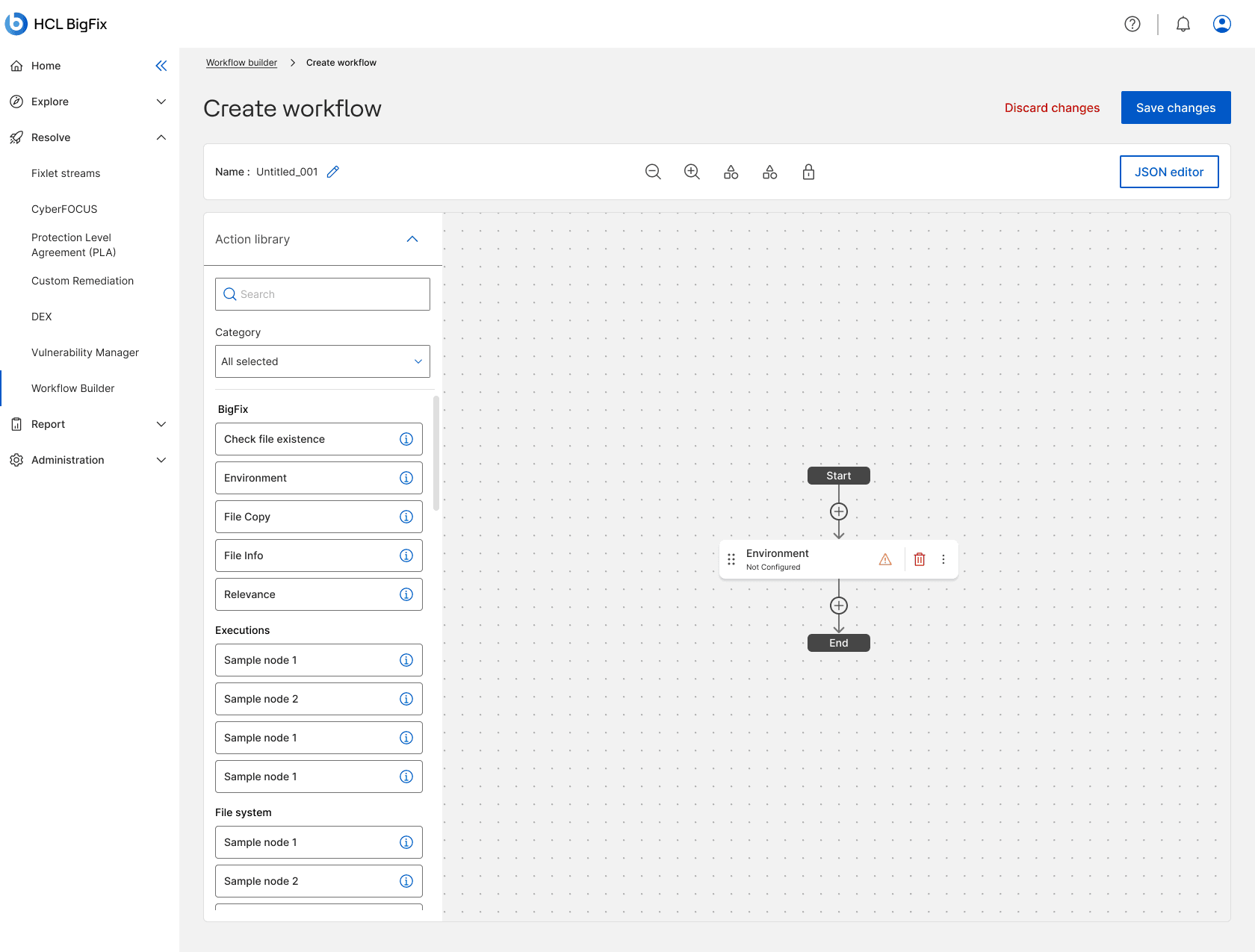 The Environment node placed on the canvas between Start and End, marked Not configured.