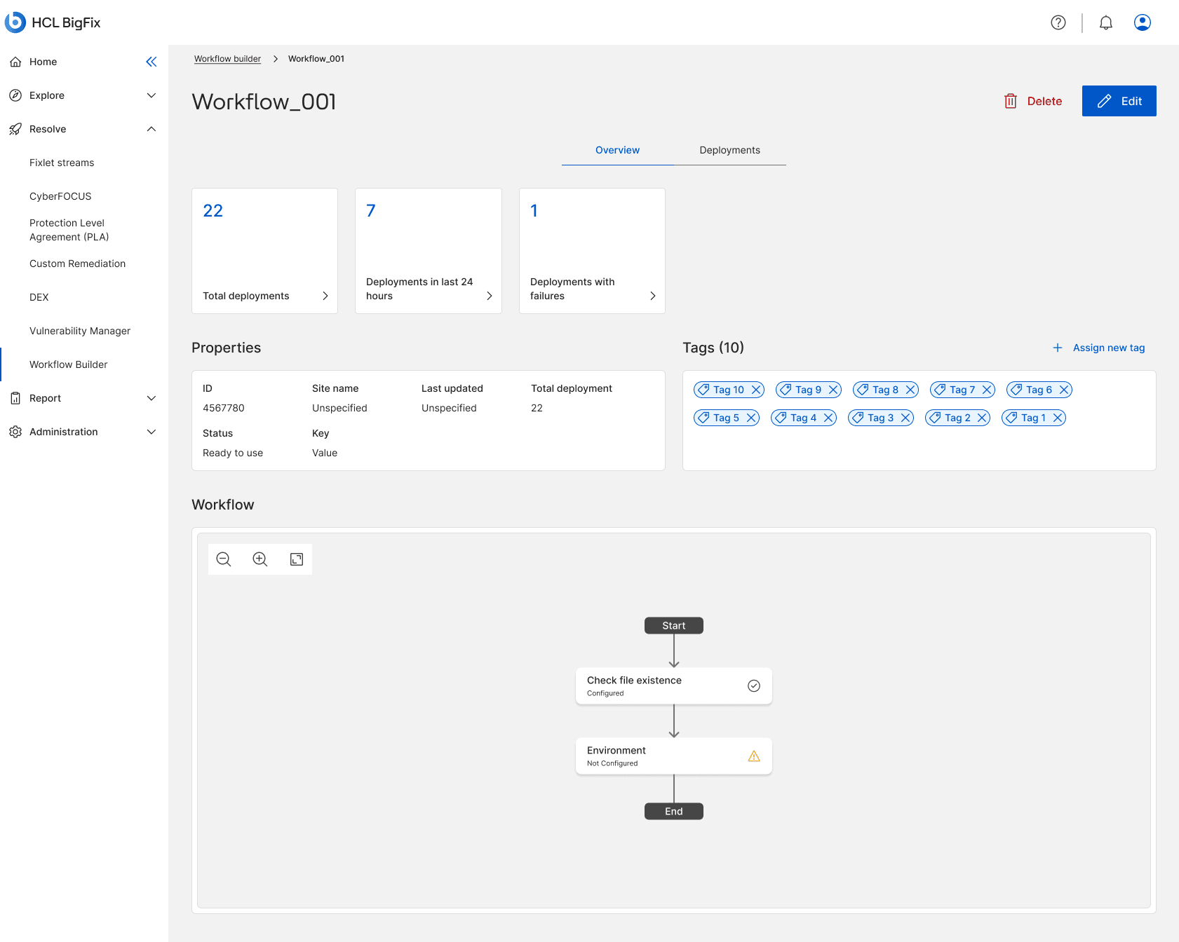 The read-only workflow details page with deployment stats, properties, tags, and the workflow shown on a canvas with no dotted background.